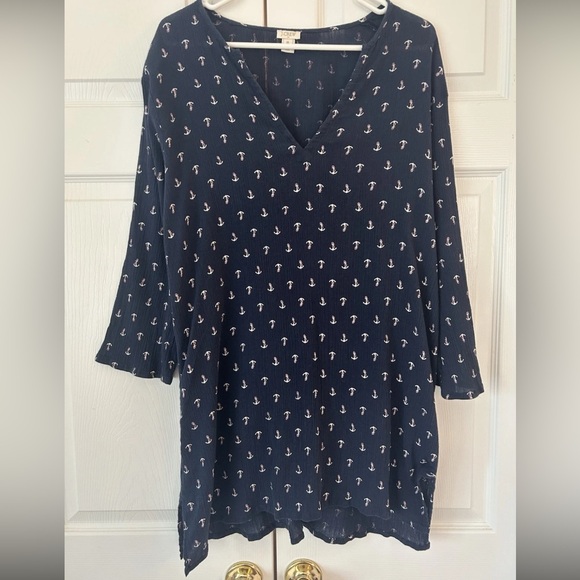 J.Crew Women’s Navy Blue Anchor Print Bell Sleeve Cotton Tunic Blouse Size XL - Picture 1 of 12